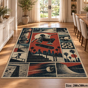 Red Skateboarding Collage Area Rug with Urban Skater — dining room setting