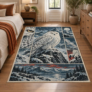 Snowy Owl Winter Collage Area Rug with Mountain and Forest Panels — bedroom setting