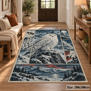 Snowy Owl Winter Collage Area Rug with Mountain and Forest Panels — entryway setting
