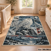 Snowy Owl Winter Collage Area Rug with Mountain and Forest Panels — nursery setting