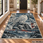Snowy Owl Winter Collage Area Rug with Mountain and Forest Panels — hallway setting