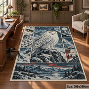 Snowy Owl Winter Collage Area Rug with Mountain and Forest Panels — home office setting