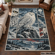 Snowy Owl Winter Collage Area Rug with Mountain and Forest Panels — living room setting