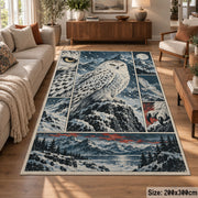 Snowy Owl Winter Collage Area Rug with Mountain and Forest Panels — sofa seating area setting