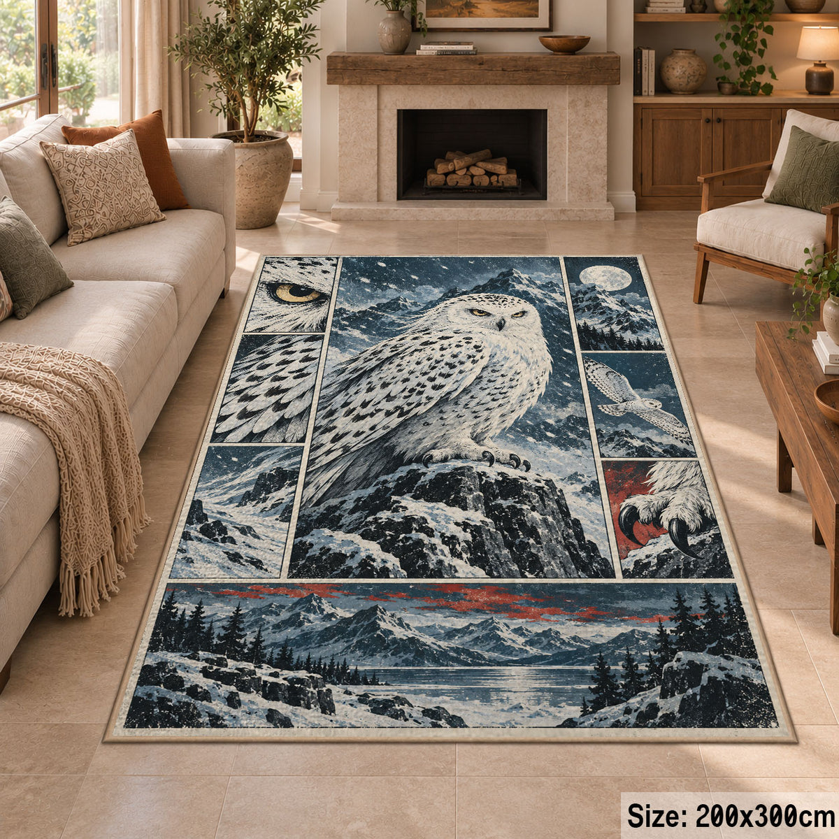 Snowy Owl Winter Collage Area Rug with Mountain and Forest Panels — fireplace area setting
