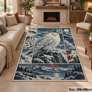 Snowy Owl Winter Collage Area Rug with Mountain and Forest Panels — fireplace area setting