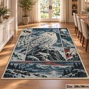 Snowy Owl Winter Collage Area Rug with Mountain and Forest Panels — dining room setting