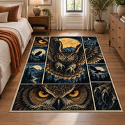 Owl Moon Collage Area Rug with Golden Eyes and Mountain Panels — bedroom setting