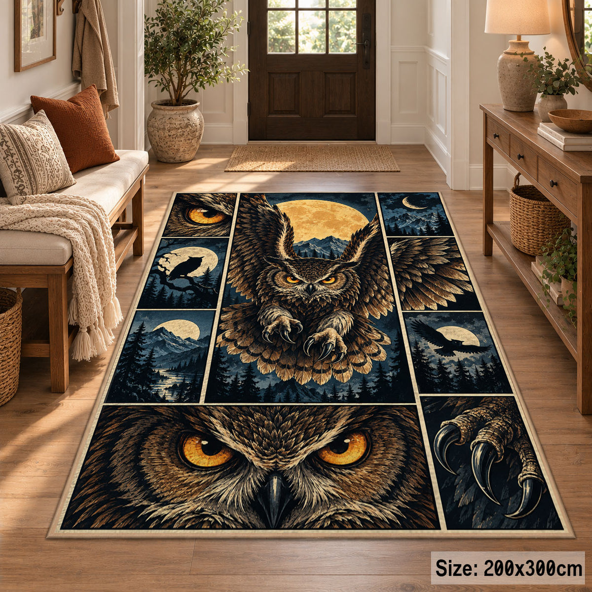 Owl Moon Collage Area Rug with Golden Eyes and Mountain Panels — entryway setting