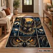 Owl Moon Collage Area Rug with Golden Eyes and Mountain Panels — entryway setting