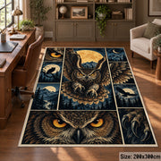 Owl Moon Collage Area Rug with Golden Eyes and Mountain Panels — home office setting