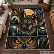 Owl Moon Collage Area Rug with Golden Eyes and Mountain Panels — living room setting