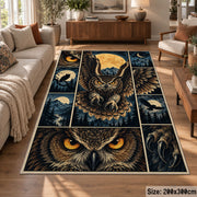 Owl Moon Collage Area Rug with Golden Eyes and Mountain Panels — sofa seating area setting