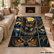 Owl Moon Collage Area Rug with Golden Eyes and Mountain Panels — fireplace area setting