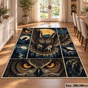 Owl Moon Collage Area Rug with Golden Eyes and Mountain Panels — dining room setting