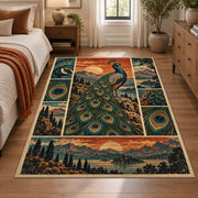 Peacock Sunset Landscape Area Rug with Feather and Mountain Panels — bedroom setting