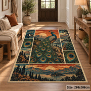 Peacock Sunset Landscape Area Rug with Feather and Mountain Panels — entryway setting