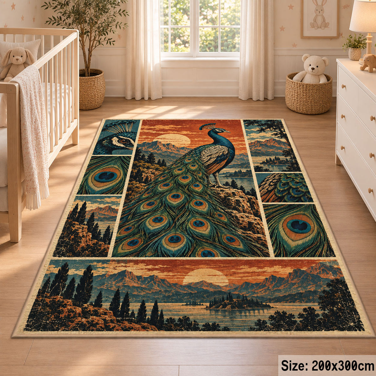 Peacock Sunset Landscape Area Rug with Feather and Mountain Panels — nursery setting