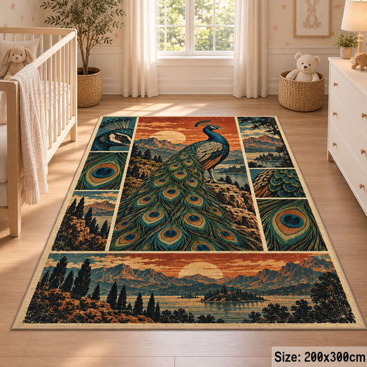 Peacock Sunset Landscape Area Rug with Feather and Mountain Panels — nursery setting