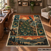 Peacock Sunset Landscape Area Rug with Feather and Mountain Panels — home office setting