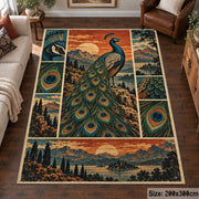 Peacock Sunset Landscape Area Rug with Feather and Mountain Panels — living room setting