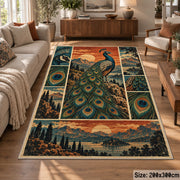 Peacock Sunset Landscape Area Rug with Feather and Mountain Panels — sofa seating area setting