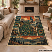 Peacock Sunset Landscape Area Rug with Feather and Mountain Panels — fireplace area setting