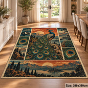 Peacock Sunset Landscape Area Rug with Feather and Mountain Panels — dining room setting