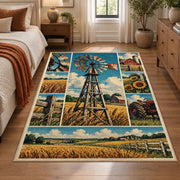 Windmill Farm Collage Area Rug with Golden Fields and Sunflowers — bedroom setting