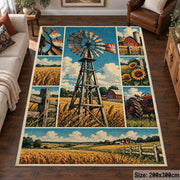 Windmill Farm Collage Area Rug with Golden Fields and Sunflowers — living room setting