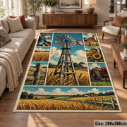 Windmill Farm Collage Area Rug with Golden Fields and Sunflowers — sofa seating area setting