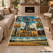Windmill Farm Collage Area Rug with Golden Fields and Sunflowers — fireplace area setting