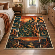 Peacock Desert Collage Area Rug with Sunset Canyons and Feather Details — bedroom setting