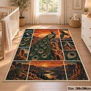 Peacock Desert Collage Area Rug with Sunset Canyons and Feather Details — nursery setting