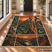 Peacock Desert Collage Area Rug with Sunset Canyons and Feather Details — hallway setting