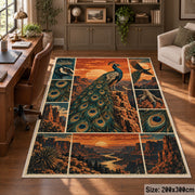 Peacock Desert Collage Area Rug with Sunset Canyons and Feather Details — home office setting