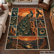 Peacock Desert Collage Area Rug with Sunset Canyons and Feather Details — living room setting