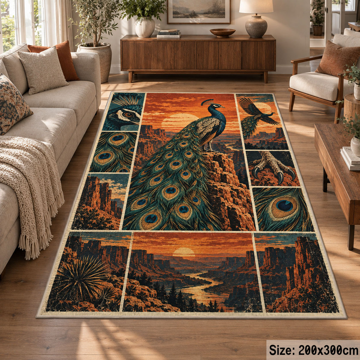 Peacock Desert Collage Area Rug with Sunset Canyons and Feather Details — sofa seating area setting