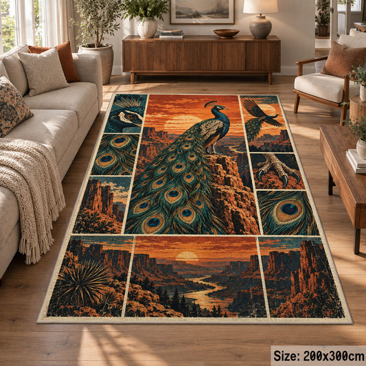 Peacock Desert Collage Area Rug with Sunset Canyons and Feather Details — sofa seating area setting
