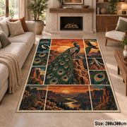 Peacock Desert Collage Area Rug with Sunset Canyons and Feather Details — fireplace area setting