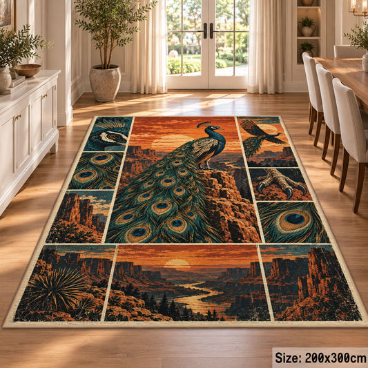 Peacock Desert Collage Area Rug with Sunset Canyons and Feather Details — dining room setting