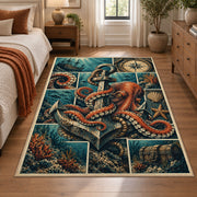 Octopus Anchor Collage Area Rug with Nautical Compass and Treasure — bedroom setting