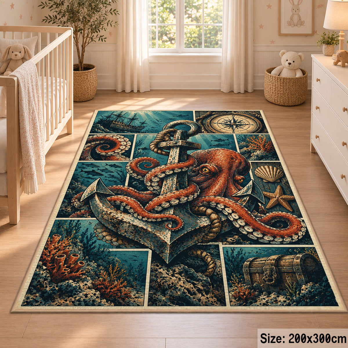 Octopus Anchor Collage Area Rug with Nautical Compass and Treasure — nursery setting