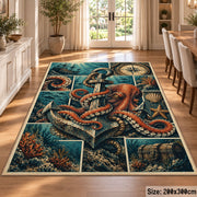 Octopus Anchor Collage Area Rug with Nautical Compass and Treasure — dining room setting