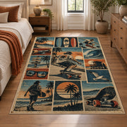 Coastal Skateboarding Collage Area Rug in Teal and Sand — bedroom setting