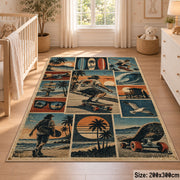 Coastal Skateboarding Collage Area Rug in Teal and Sand — nursery setting