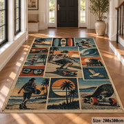 Coastal Skateboarding Collage Area Rug in Teal and Sand — hallway setting