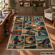 Coastal Skateboarding Collage Area Rug in Teal and Sand — home office setting