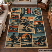 Coastal Skateboarding Collage Area Rug in Teal and Sand — living room setting