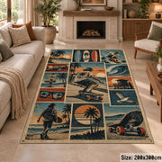 Coastal Skateboarding Collage Area Rug in Teal and Sand — fireplace setting